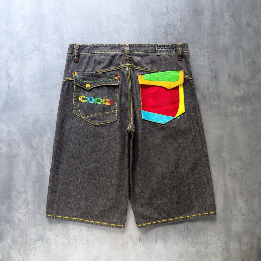 Vintage Y2K COOGI Denim Jorts Men W40 Baggy Black Multicolor Hip Hop Shorts